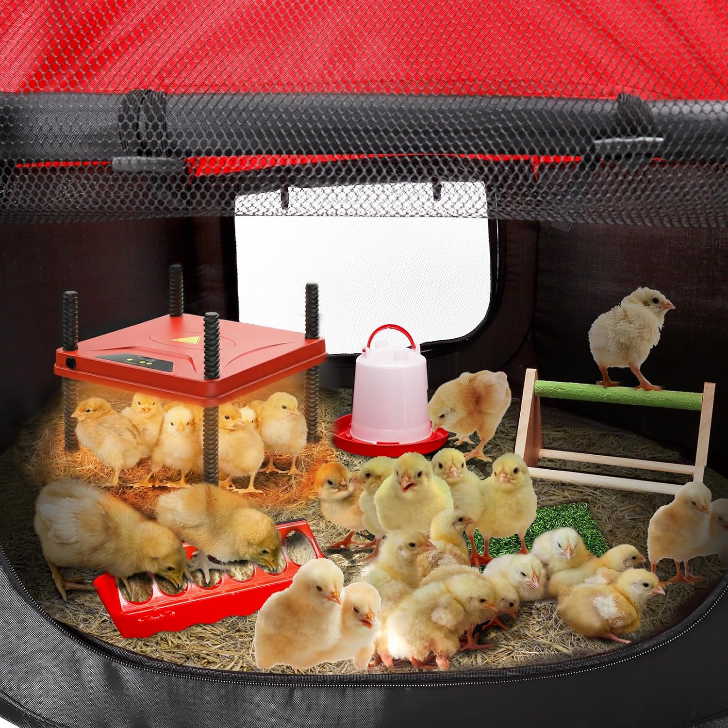 Chicken Brooder Box for Chick Starter Kit, 6-in-1 Complete Set with 10x10in Heating Plate, Chick Feeder, Waterer, Perch, Turf Mat & Pop-Up Playpen for Ducklings, Quail & Poultry