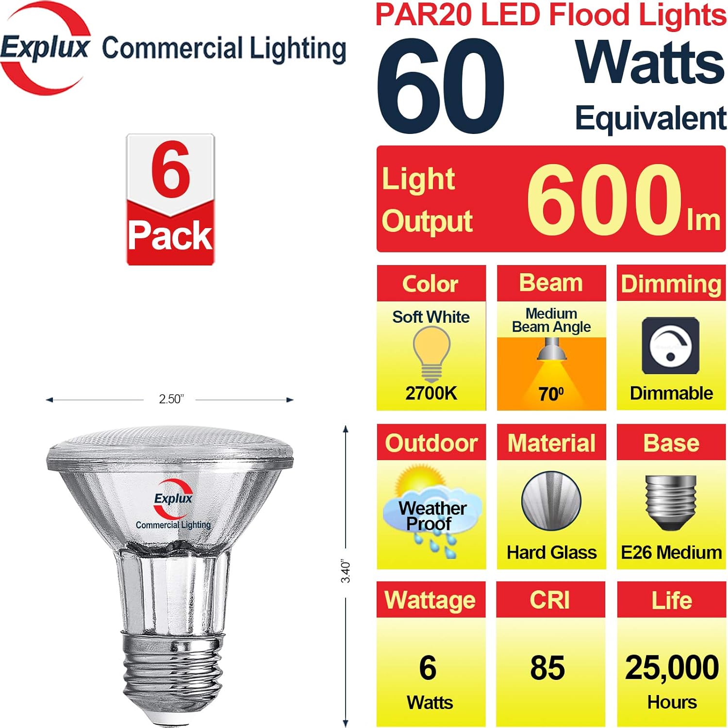Explux Commercial-Grade LED PAR20 Flood Light Bulbs, 60W Equivalent 600 Lumens, Dimmable, Full-Glass Waterproof & Anti-Ageing, Soft White 2700K, 6-Pack