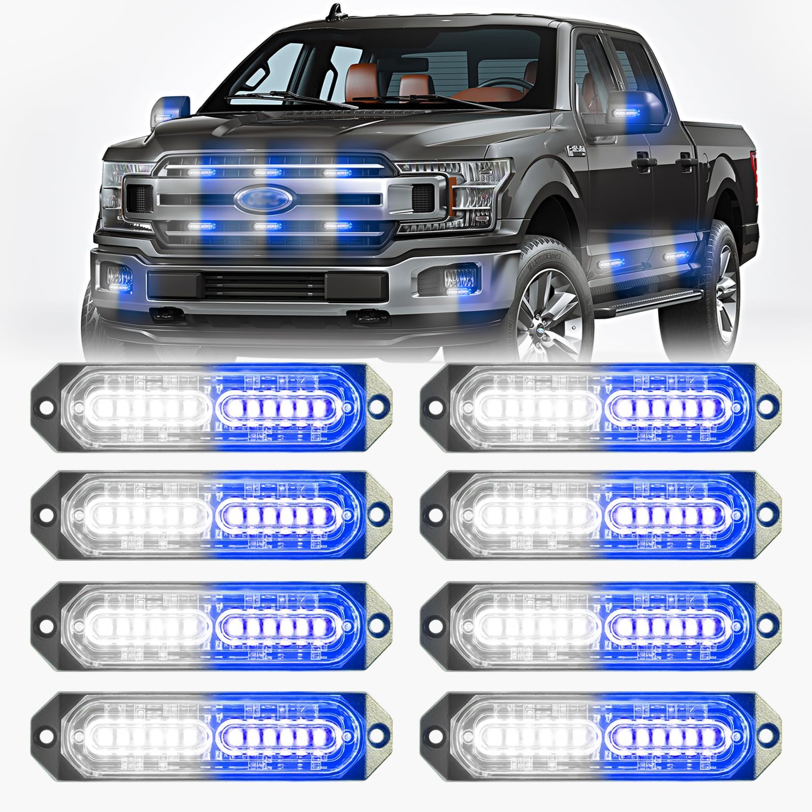BooYu Blue/White LED Surface Mount Emergency Strobe Flashing Lights for Firefighter/Police/Trucks/Vehicles/Car, Ultra Slim Sync Feature Hazard Warning Beacon Grille Light Bar (8 Pcs)