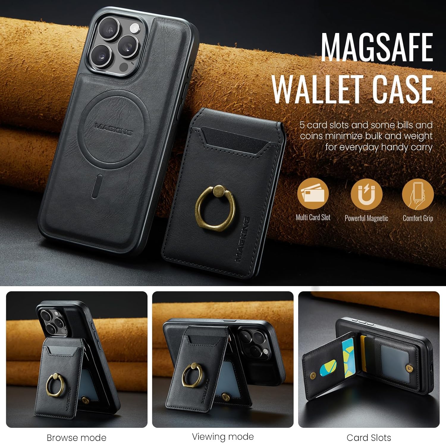 SZHAIYU 2 in 1 Detachable Magnetic Phone Cases Compatible with iPhone 14 Pro Max Case with Card Holder Ring , Compatible with Magsafe Wallet, Leather Men 6.7'' RFID Blocking (Black,iPhone 14 Pro Max)