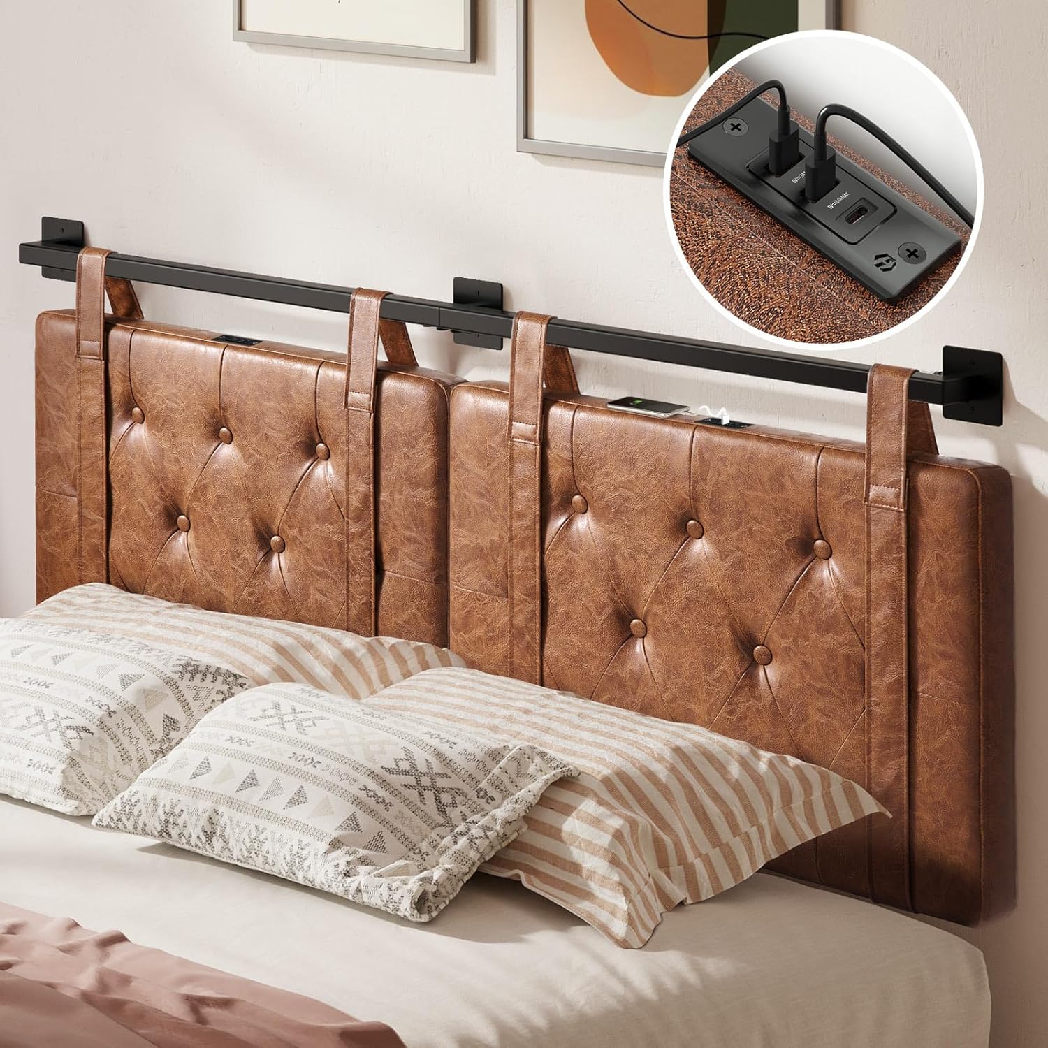 GREENSTELL Wall Mount Headboard with USB for Queen/Full
