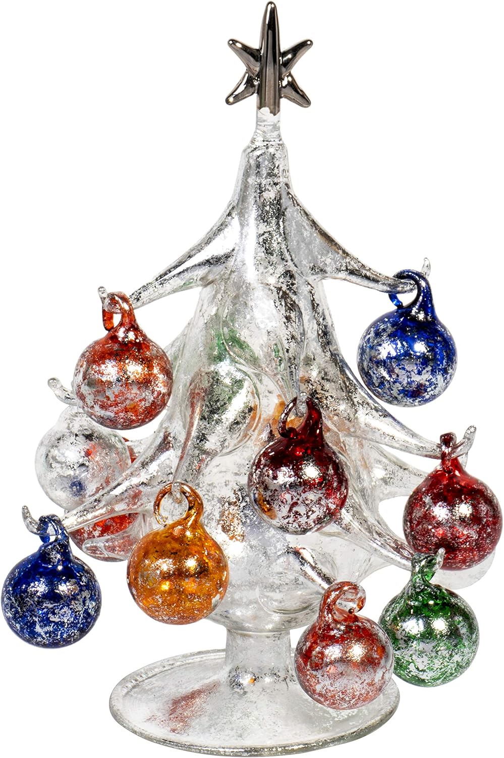 Red Co. 7.75" Argento Lucido Vintage Inspired Mini Glass Christmas Tree with 12 Removable Ornaments, BUON Natale Series 7.75 inches Silver