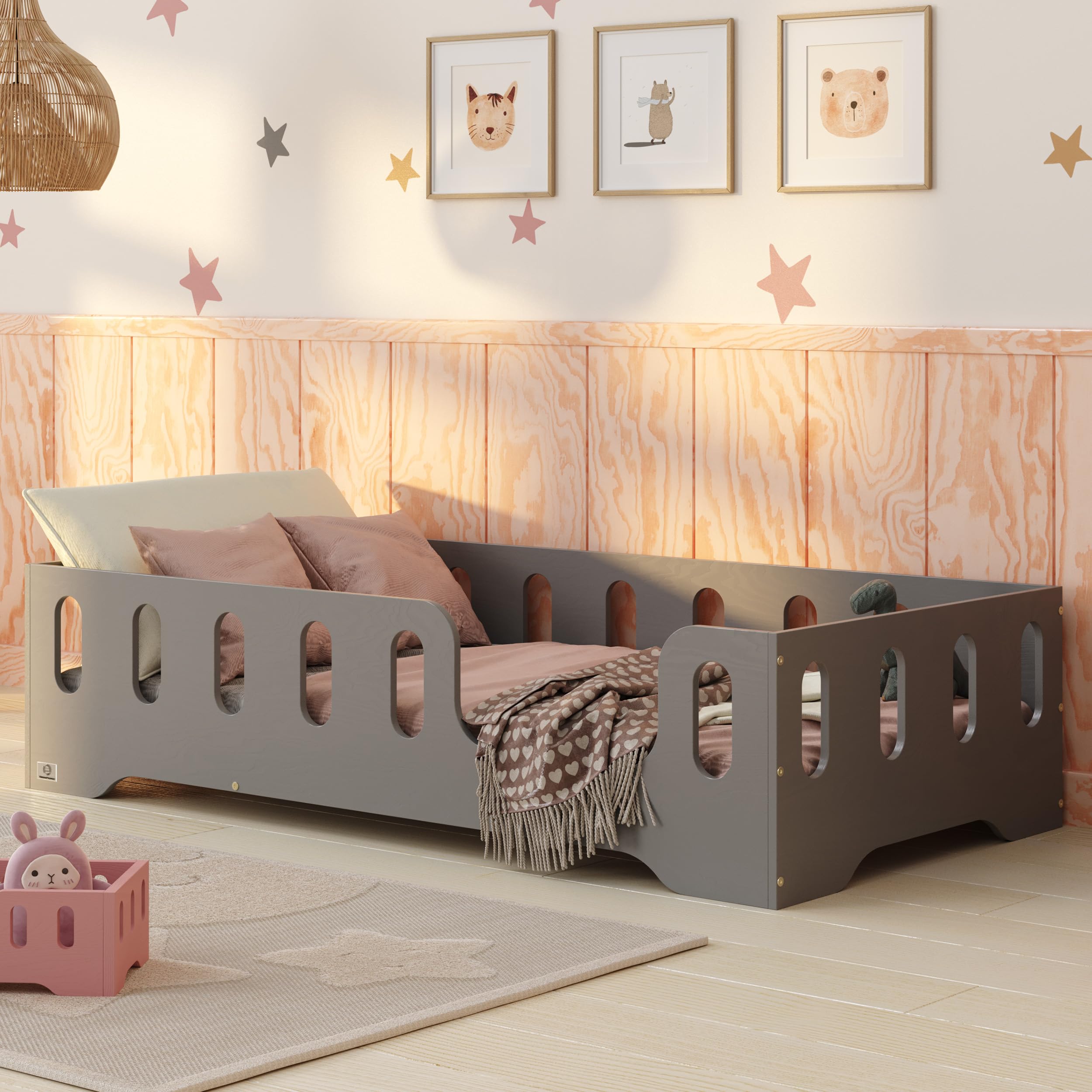 smartwood Bodenbett 70x140 Grau - Montessori Kinderbett aus Holz mit FSC-Zertifikat TILA 2P mit Rausfallschutz & Lattenrost bis 230kg belastbar - Einfache Montage