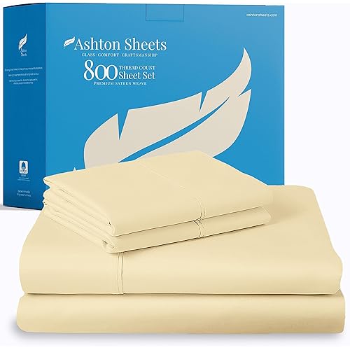 Ashton Sheets 100% Egyptian Cotton Sheets King Size Bed - 4 PC 800 High Thread Count Egyptian Cotton King Sheet (Sand) Soft, Cooling, 16" Deep Pocket Sateen Weave Luxury Hotel Bedsheet