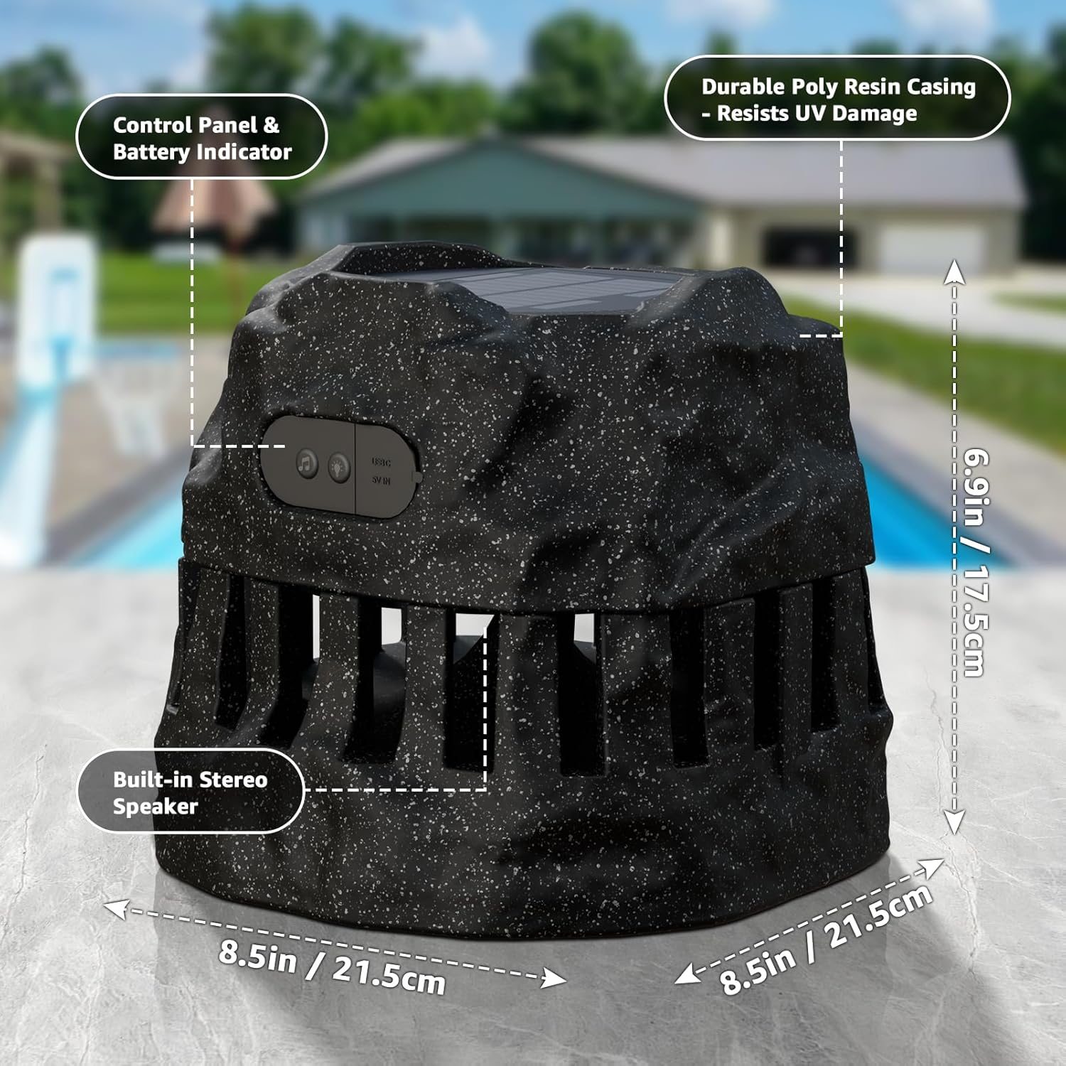 2-Pack Solar Powered Rock Speakers Waterproof Patio TWS Pair, 2 in 1 Charging, Rechargeable Outdoor Rock Speaker, IP44 for Pool Party Yard Outside Garden(Black)