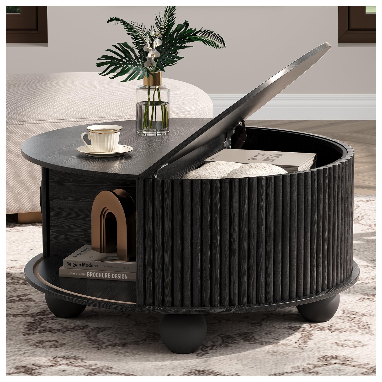 Black Round Coffee Table with Storage 31 5 Fluted Drum Center Table with Sliding Door Modern Farmhouse Wood
