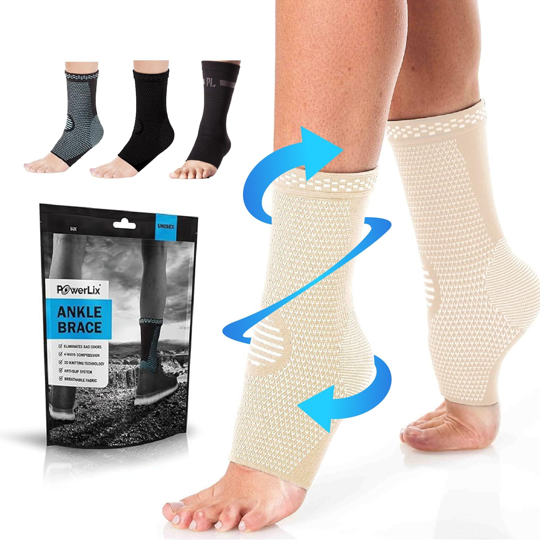 POWERLIX Ankle Support Brace 2 Pack, Ankle Brace for Men/Women/Kids, Support for Ligament Damage, Sports Protect, Injury Recovery, Plantar Fasciitis Foot Socks with Arch Support