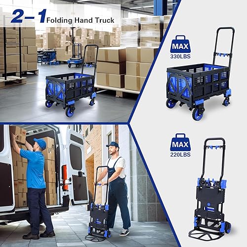 Miniatura 3 de Carro de mano 2 en 1 plegable con cesta, carretilla de mano plegable con mango retráctil, capacidad de 330 libras, carrito de mano plegable con