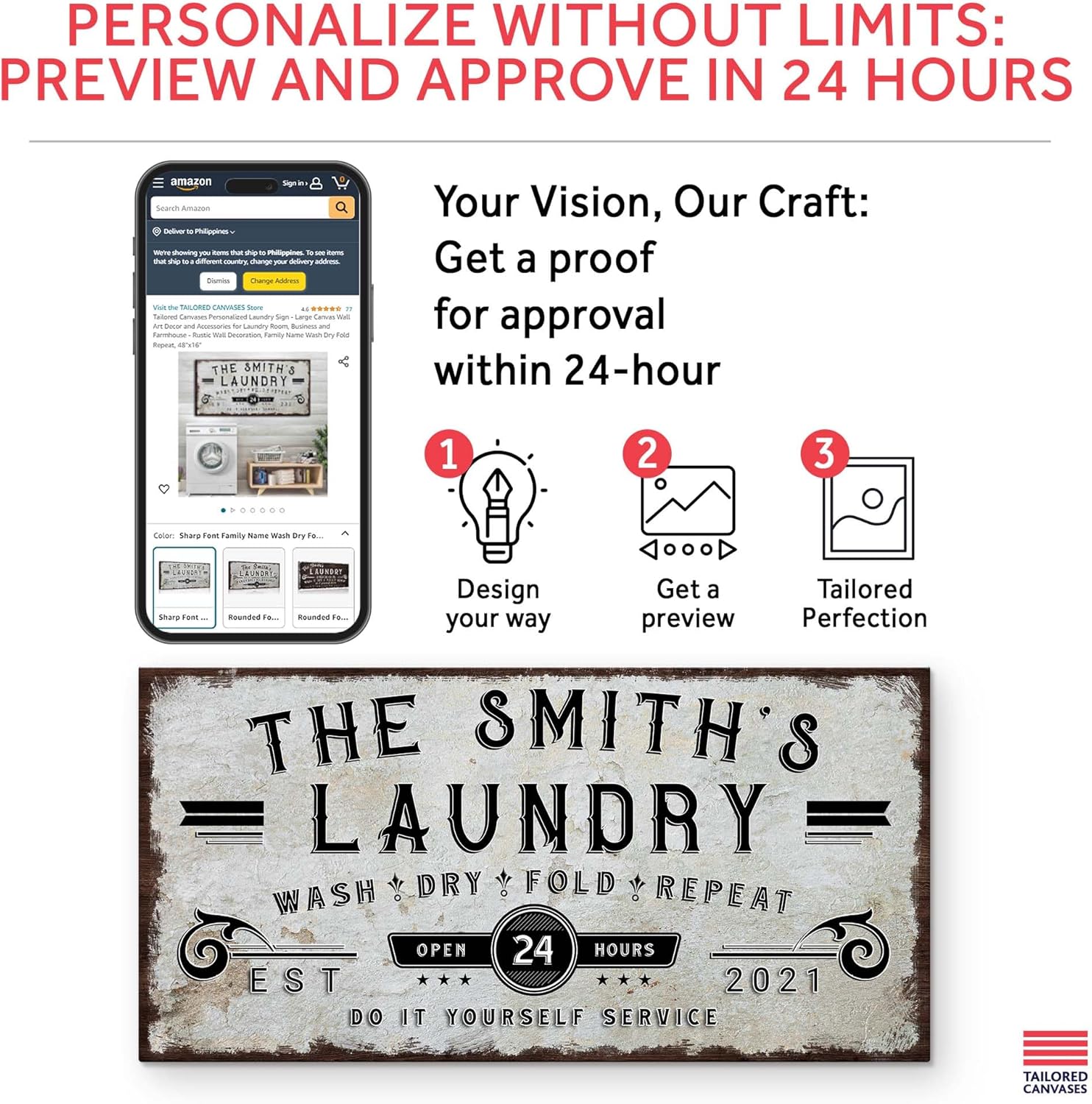 Tailored Canvases Personalized Laundry Sign - Large Canvas Wall Art Decor and Accessories for Laundry Room, Business and Farmhouse - Rustic Wall Decoration, Family Name Wash Dry Fold Repeat, 20"x10"