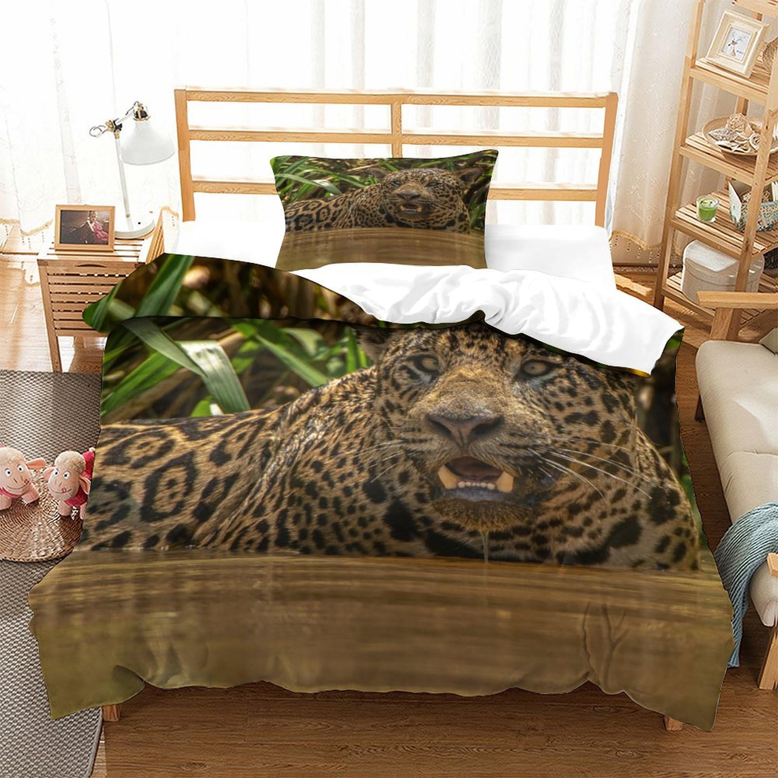 P1s9u7w5y Jaguar-3 Wild Jungle 3D Printed Leopard Duvet Cover Set 3Pcs Microfiber Leopard Bedding Set Single（135X200cm）
