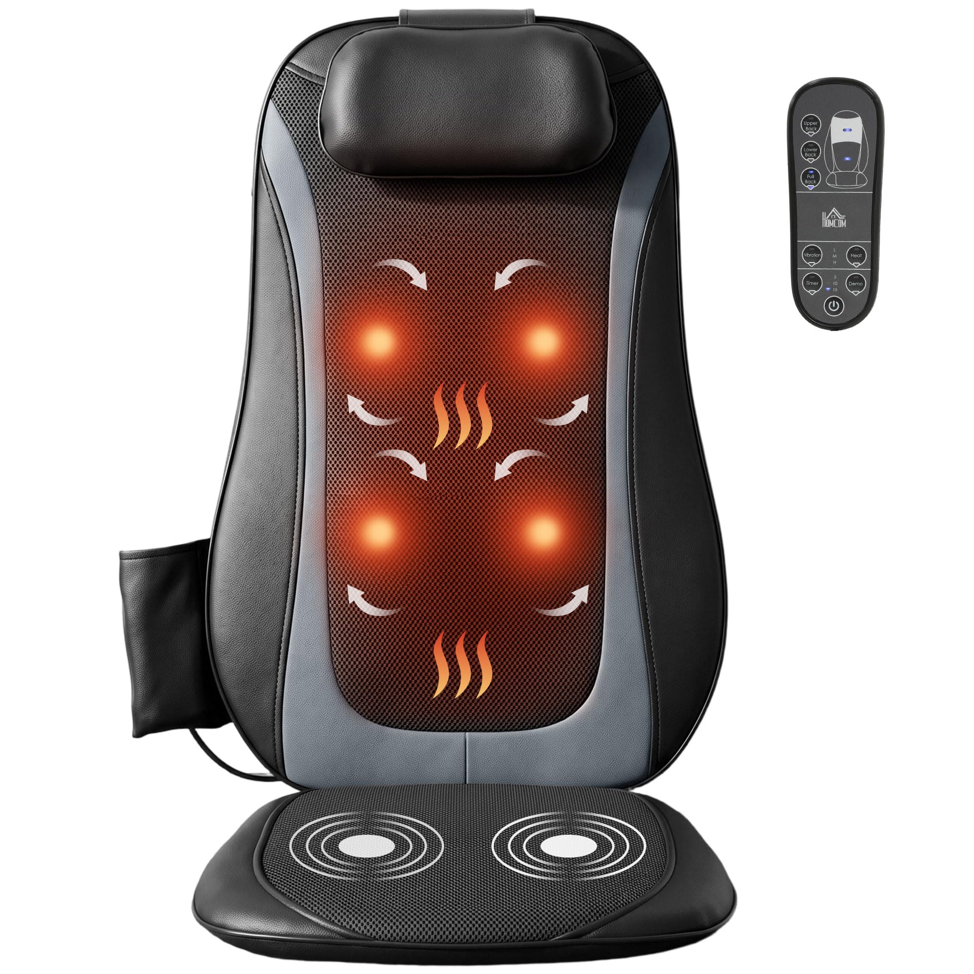 HOMCOM Massagesitzauflage Shiatsu mit Wärme, Tiefenmassage, Massagegerät | 3-stufiger Sitzvibration, Rückenmassager für Rückenschmerzen, Ideal für Büro und Zuhause, Geschenk für Männer und Frauen
