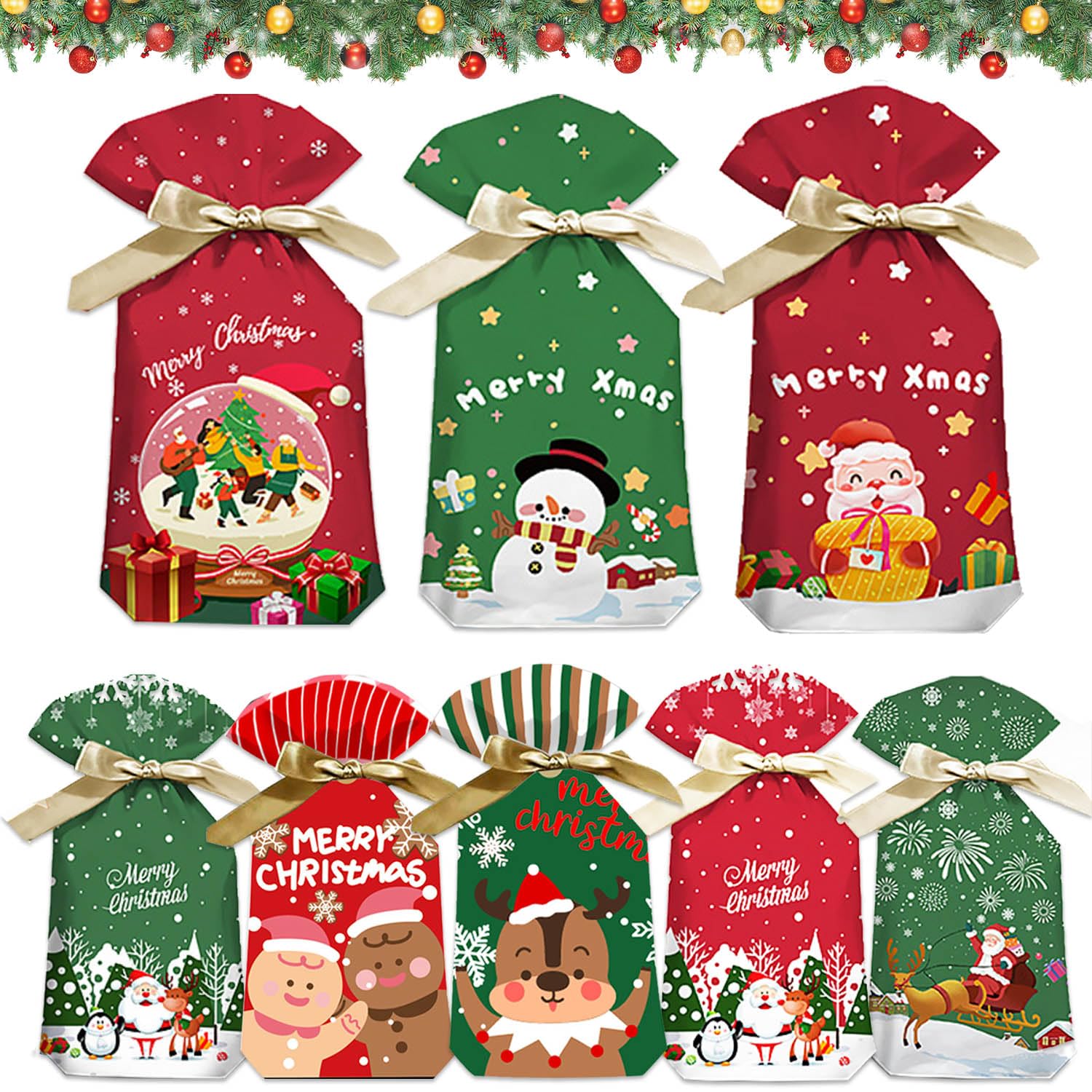 Abitoncc Set Regalo Natale – 21 Pezzi Tra Sacchetti Con Coulisse, Shopper E Cellophane, 4 Misure, Riutilizzabili E Colorati