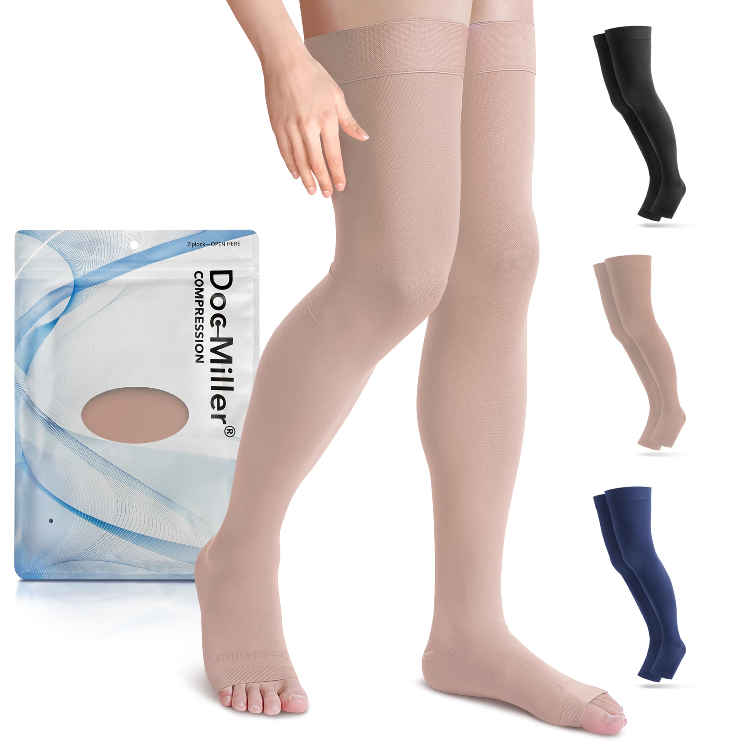 Doc Miller Thigh High Open Toe Compression Stockings 15-20mmHg for Varicose Veins, Pregnancy Support Open Toe Thigh High Compression Socks for Women and Men
