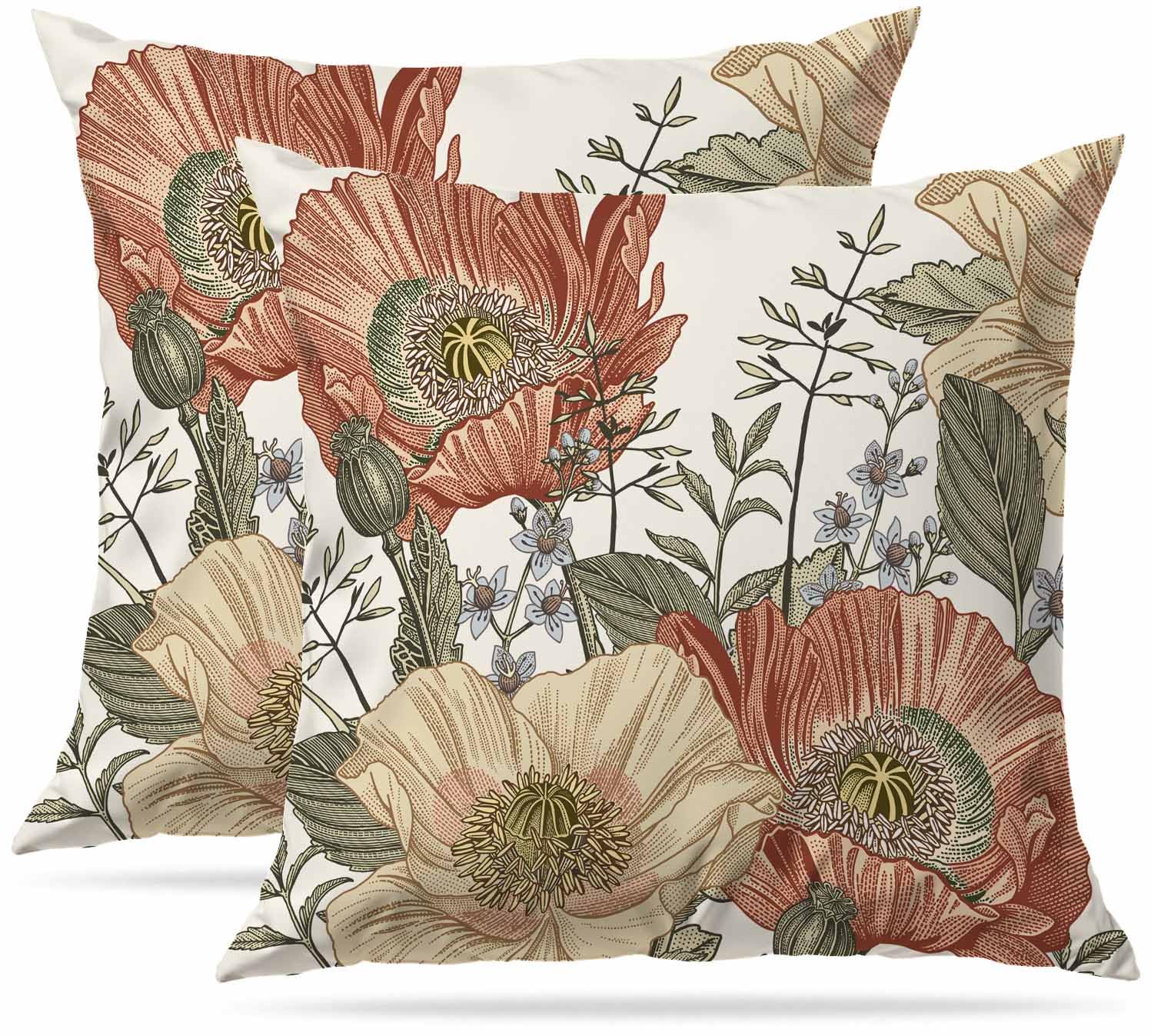 Zovinex Vintage Flowers Set Of 2 Pack Cushion Covers Soft Short Plush Throw Pillow Cover Home Pillow Case Pillowcases For Tent Park Bed Sofa Chair Bedroom Decorative Balcony 45X45cm 18X18inch