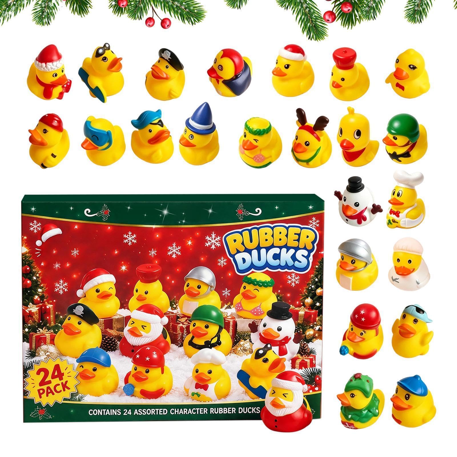 Adventskalender Gummiente 24 Tage Weihnachten | Gummimaterial, komprimierbare schwimmende Enten, im Wasserbad, für Countdown-Geschenke