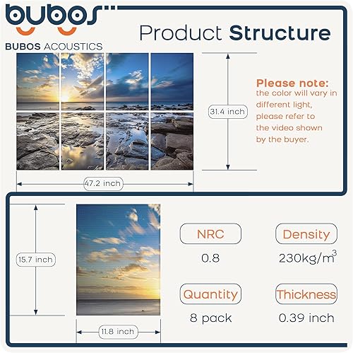 Miniatura 2 de BUBOS Paquete de 8 paneles acústicos artísticos autoadhesivos insonorizados, paneles de pared de 48 x 32 pulgadas, paneles de pared acústicos