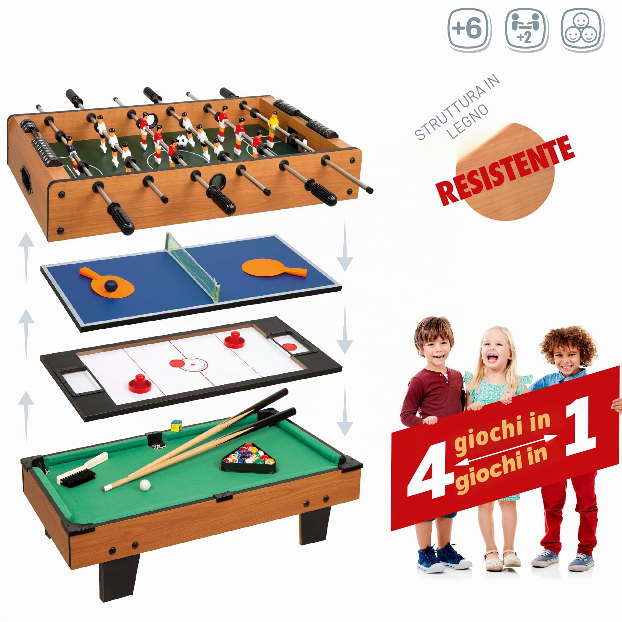 ColorBaby CB Games - Tavolo multigiochi 4 in 1, Dimensioni 81 x 43 x 27 cm, Calcio Balilla, Biliardo, Ping-Pong, Hockey, Gioco da Tavolo, Calcio Balilla per Bambini, multigioco, 6 Anni (85327)