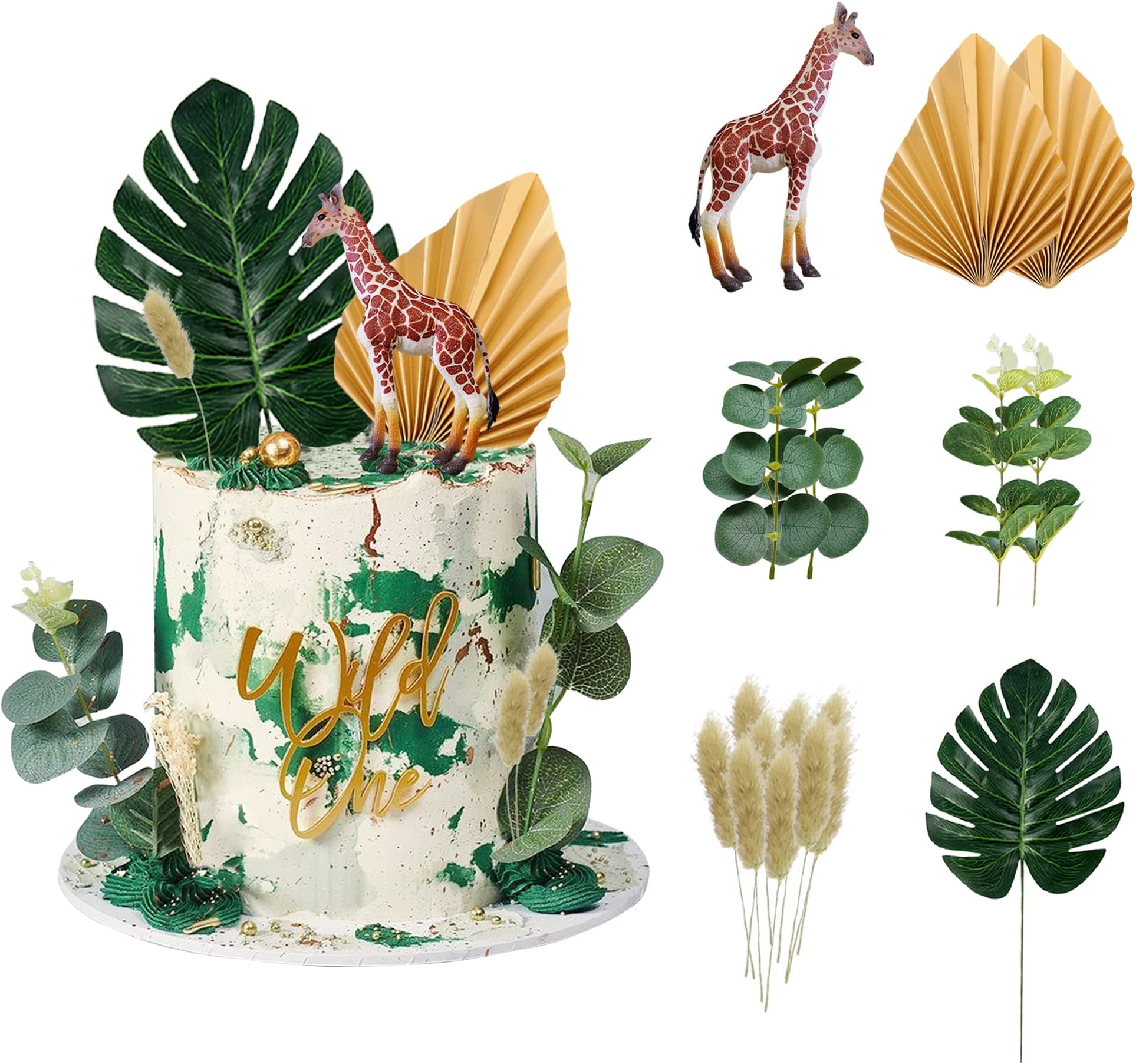 18 PCS Realistic Giraffe Safari Jungle Animal Cake Toppers with Artificial Plam Leaves Eucalyptus Leaves Decors for Wild Theme Birthday Party