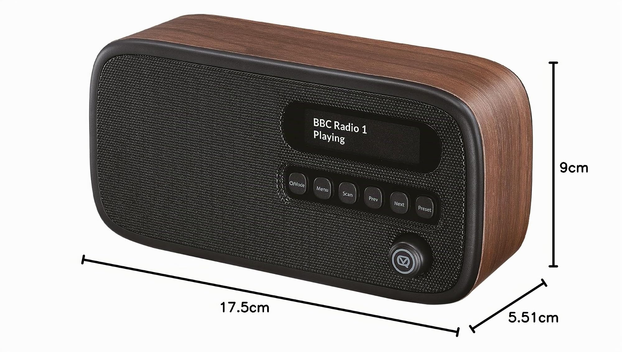 VQ Dexter Radio Dab Plus/Dab avec FM, Haut-parleurs Stéréo 3W et Écran LCD - Alimentée par Secteur et Batterie Radio Portable avec 60 Présélections, Antenne et Prise Casque - Noyer
