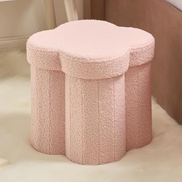 Ornavo Home Pink Boucle Storage Ottoman Cube, Flower-Shaped, 12 Inch