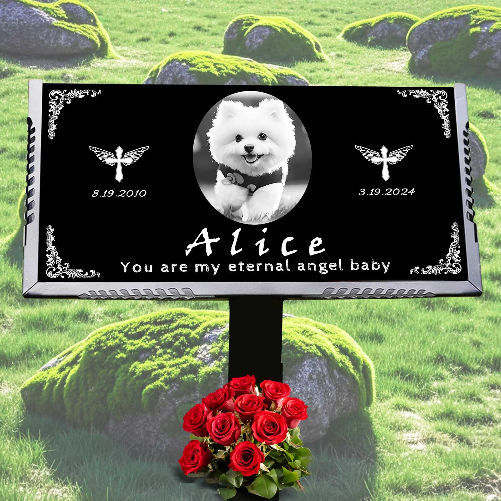 Personalized Memorial Stone with Photo,Headstones for Cemetery,Grave Marker,Memorial Plaques for Outdoor,Black Granite Garden Stone, Grave Decorations,Tombstones for Graves (Dog 2)