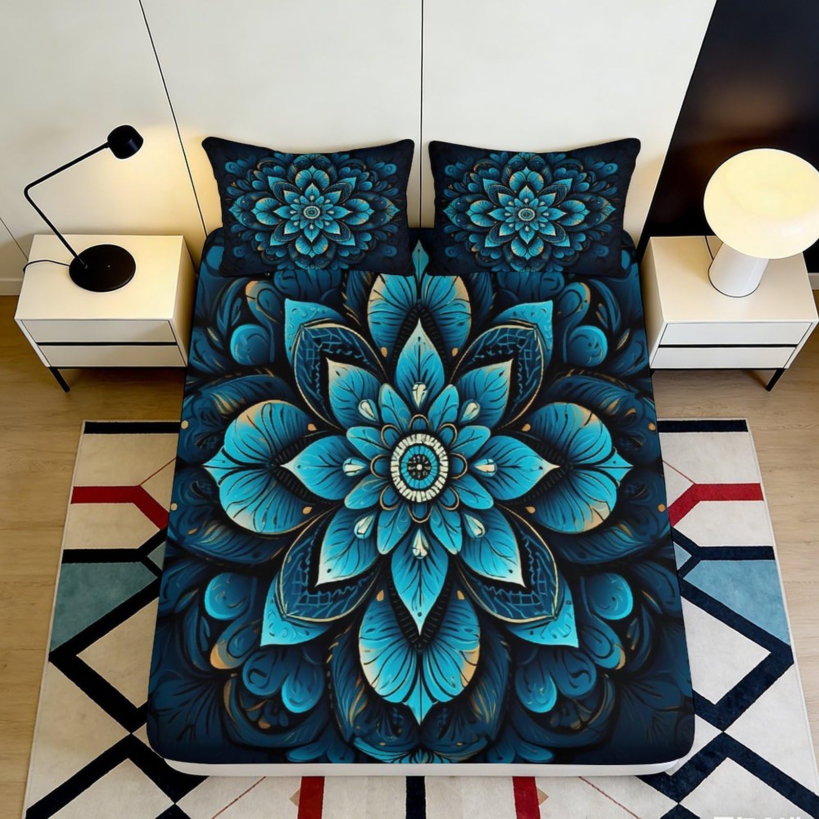3D Printed Blue Lotus Fitted Sheet Microfiber Soft Breathable Mandala Mattress Cover for Bedroom Dorm Decor 90x200x25cm