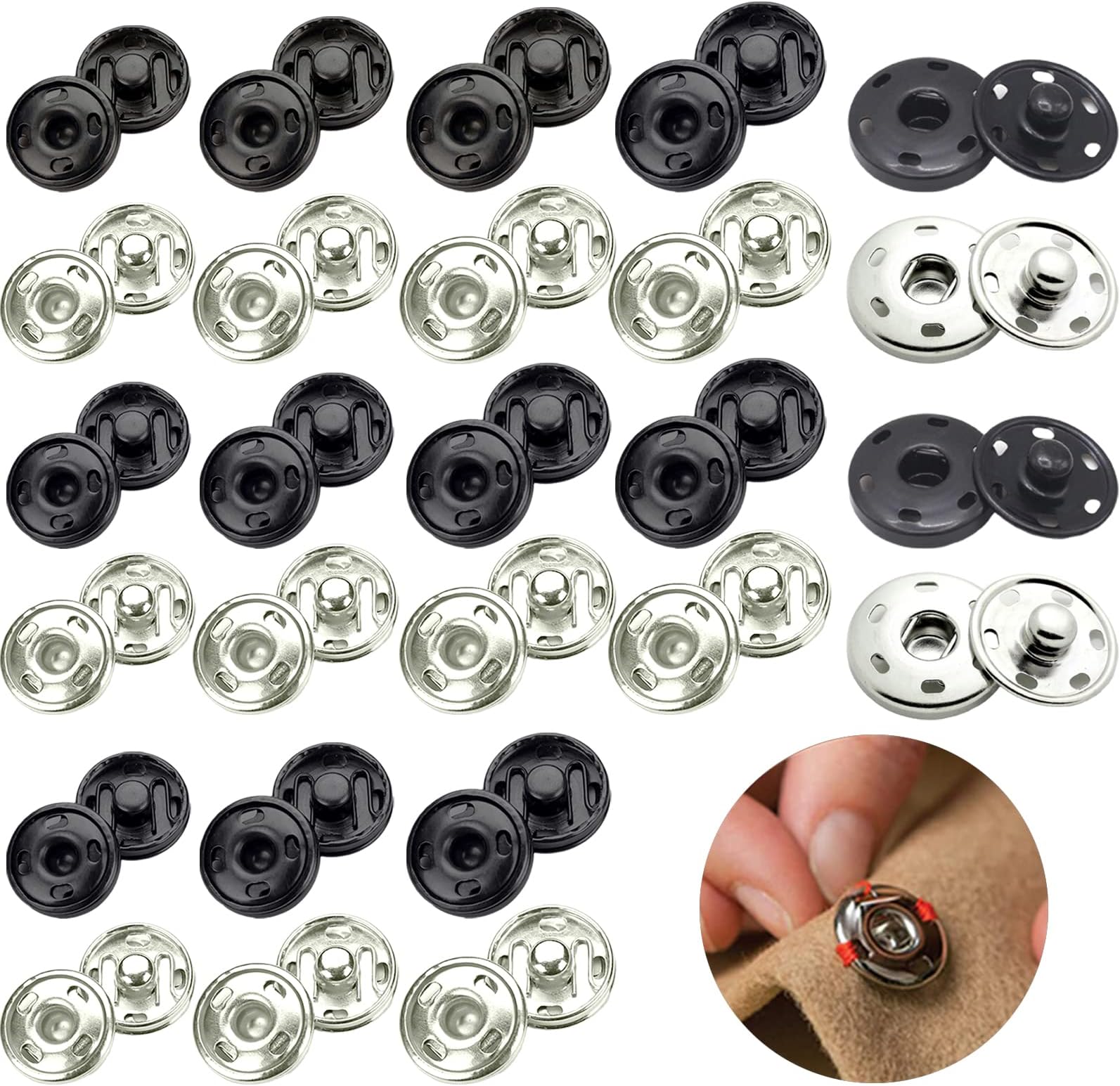 VEGCOO 40 Sets Metal Snap Button in Black and Silver Sew on Snaps Fasteners Press Studs Snaps for Clothes Sewing Purse Handbag Craft DIY Supplies (12mm)