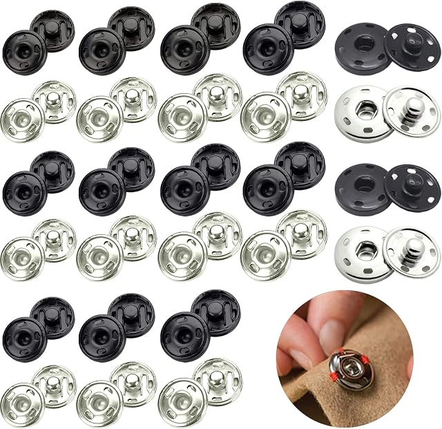 VEGCOO 100 Sets Metal Snap Button in Black and Silver Sew on Snaps Fasteners Press Studs Snaps for Clothes Sewing Purse Handbag Craft DIY Supplies (7mm,8.5mm,12mm,15mm,21mm )
