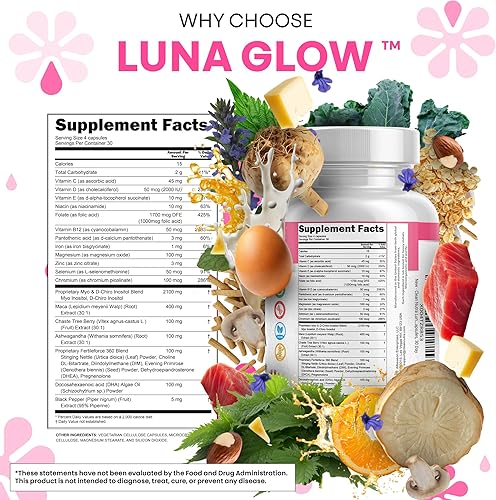 Miniatura 4 de Clean Nutra LunaGlow Myo & D-Chiro Inositol Suplemento con Magnesio, Ashwagandha, Vitamina D3 y Folato - Fórmula todo en uno para equilibrio y apoyo