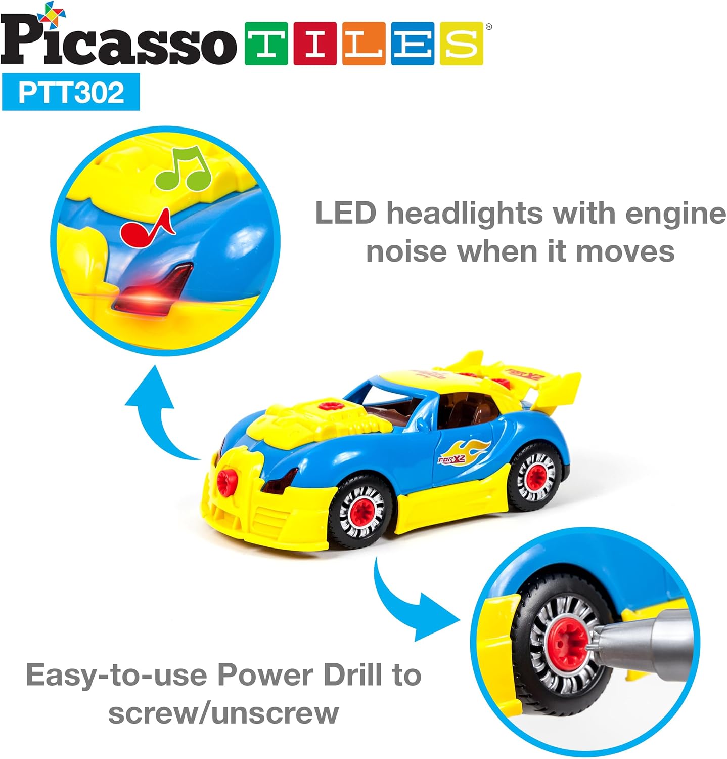 PicassoTiles Take-A-Part Race Car Set with LED, Engine Sound, Mini Electric Power Tool Reversible Drill, Screws Included PTT302 2-in-1 DIY Construction Build Your Own 30pc Racing Car S.T.E.A.M. Kit