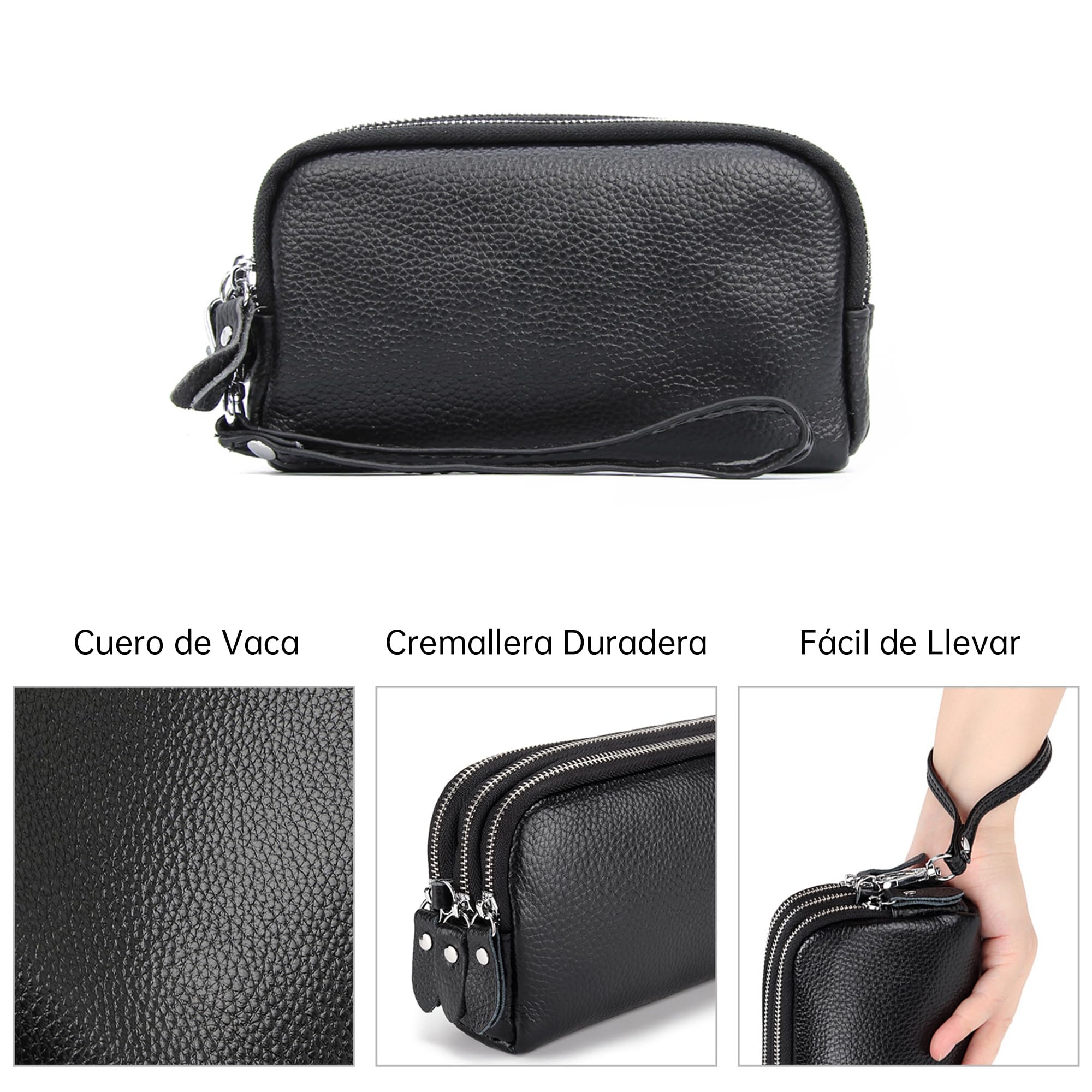 Mujer Cartera Cuero Genuino Gran Capacidad Elegante Billeteras Cremallera Ligera Monederos Carteras de Piel para Dama con Correas de Muñeca Rojo