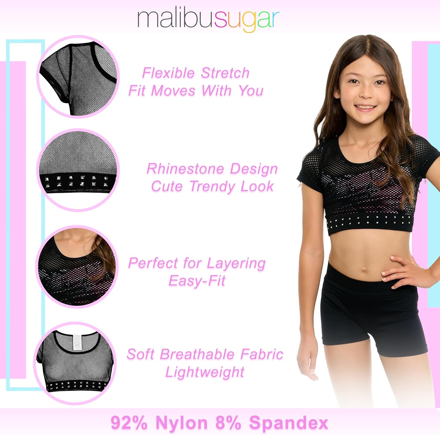 Malibu Sugar Girls Mesh Crop Top Sparkling Rhinestone Dance Outfits for Girls - Short Sleeve Breathable Activewear Ages 7-14