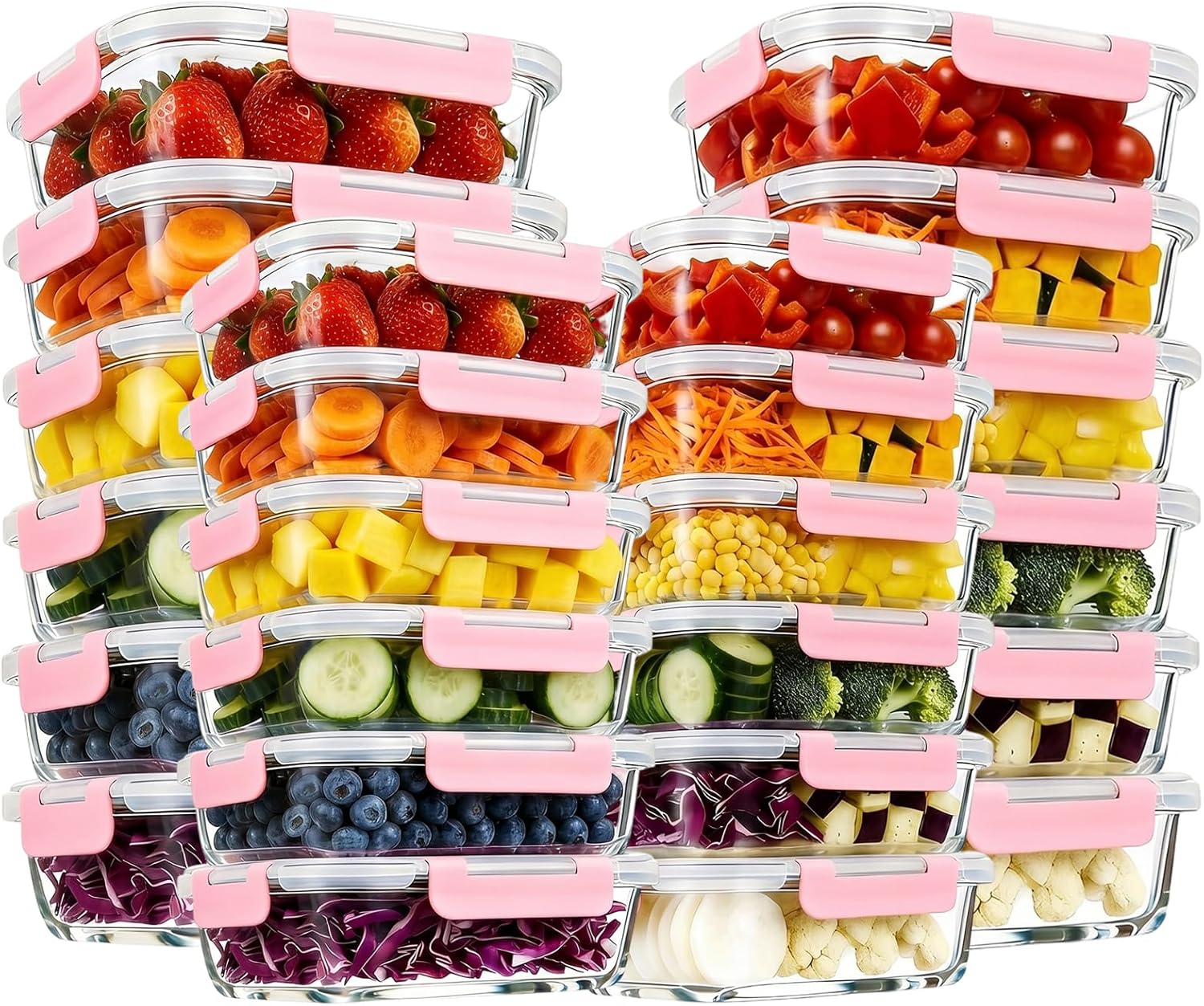 Konokyo Rectangular Glass Food Storage Containers with Lids, 24 Pack Airtight Leakproof Meal Prep Containers, BPA-Free, Microwave Oven Freezer & Dishwasher Safe, Assorted Sizes