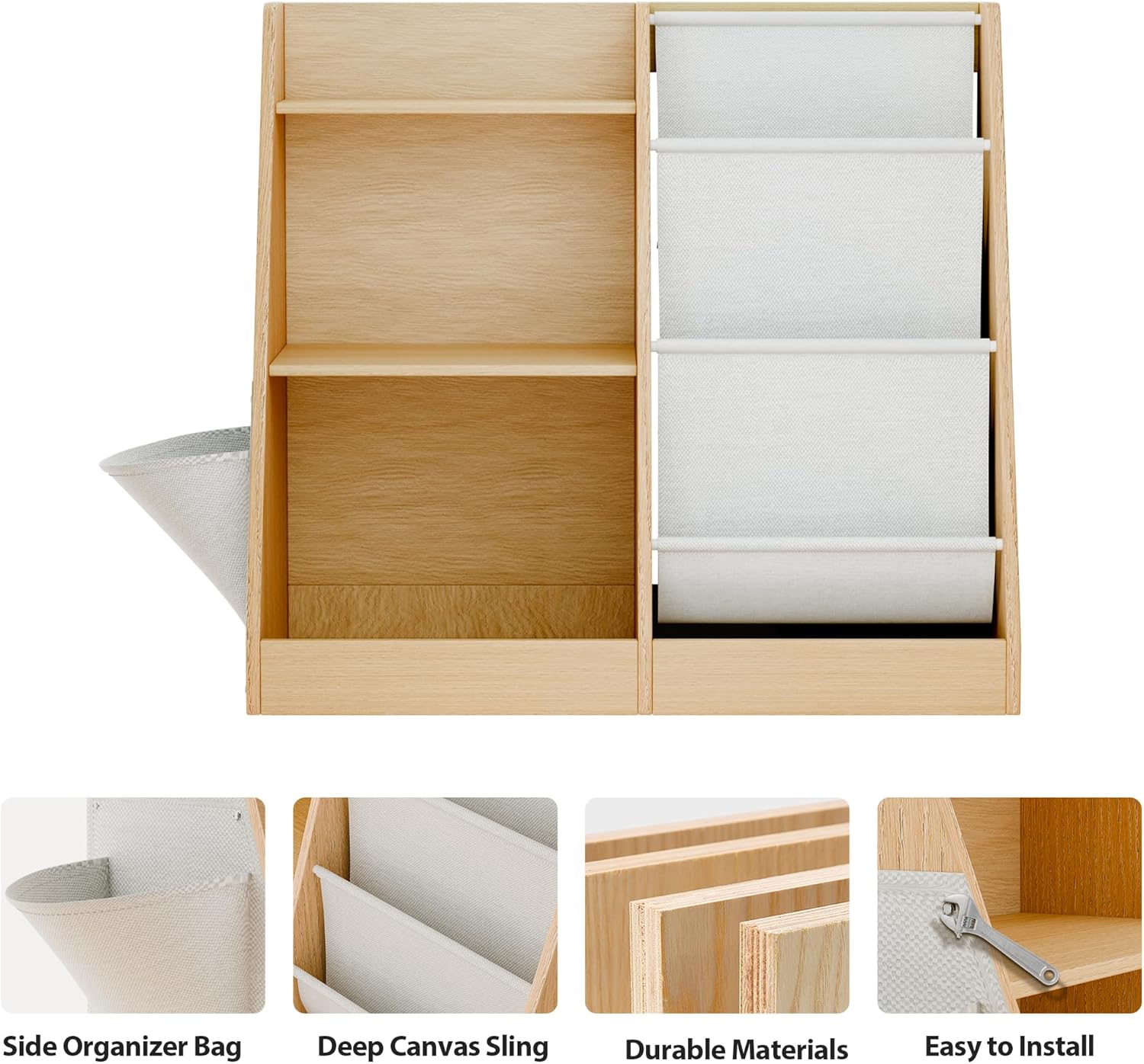 Kids Bookshelf Wooden 3-Tier with Storage Bag, Scalloped Book Shelf for Kids Rooms, Front Facing Toddler Montessori Bookshelf, Baby Nursery Book Shelves Kid Classroom Bookshelfs Bookcase