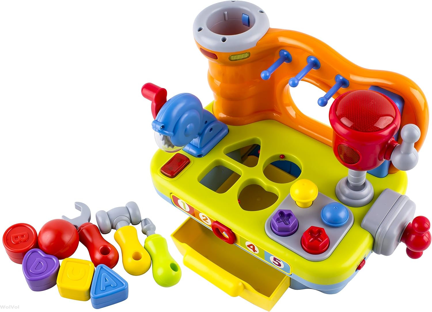 Wolvolk Musical Baby Activity Table Kids Tool Set - Encourage Junior Builders with Realistic and Safe Toddler Toys Tools with Shape Sorter