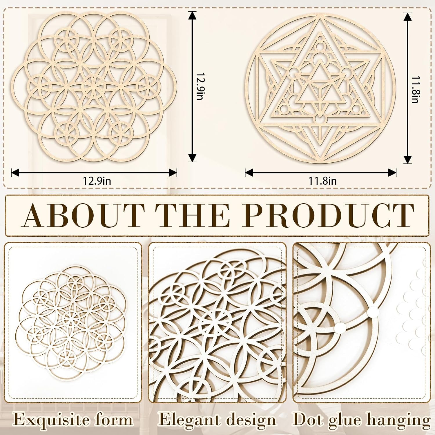 Bnesi 6 Piece Sacred Geometry Zen Wall Art Set. Wooden Wall Art Decor with Flower Of Life Merkaba Patterns. Suits Meditation Room Spaces As Spiritual Geometric Zen Decor (Divine) - Image 3