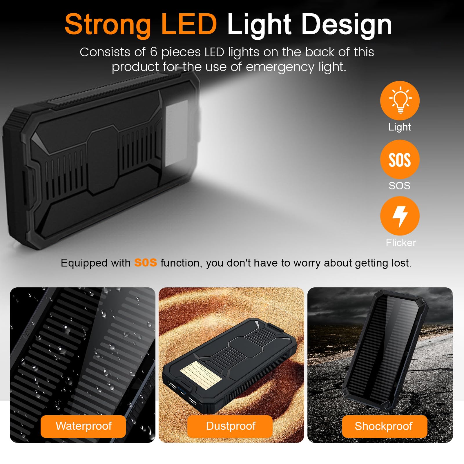Solar Power Bank 20000mAh,Wasserdichtes Tragbares Powerbank Solarpanel mit 2 USB-Anschlüssen 1 Typ-C Port für Smartphones, Tablets und mehr,LED Licht Solarladegerät