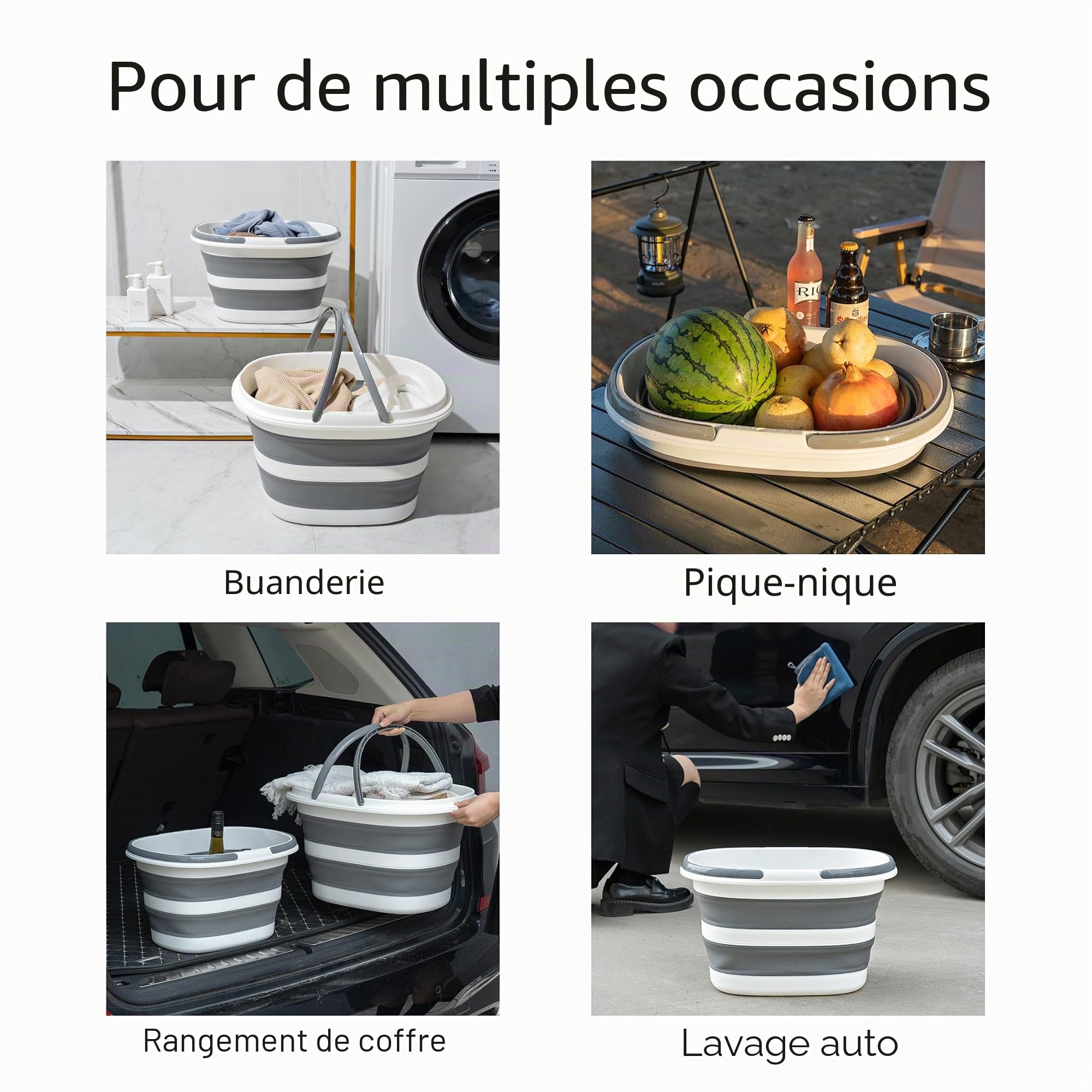 Seau pliable 16L/28L avec poignée - Seau de nettoyage pliable pour camping, pêche, nettoyage, lavage de voiture - Capacité grande et souple - Léger et élégant (Gris, 16L)