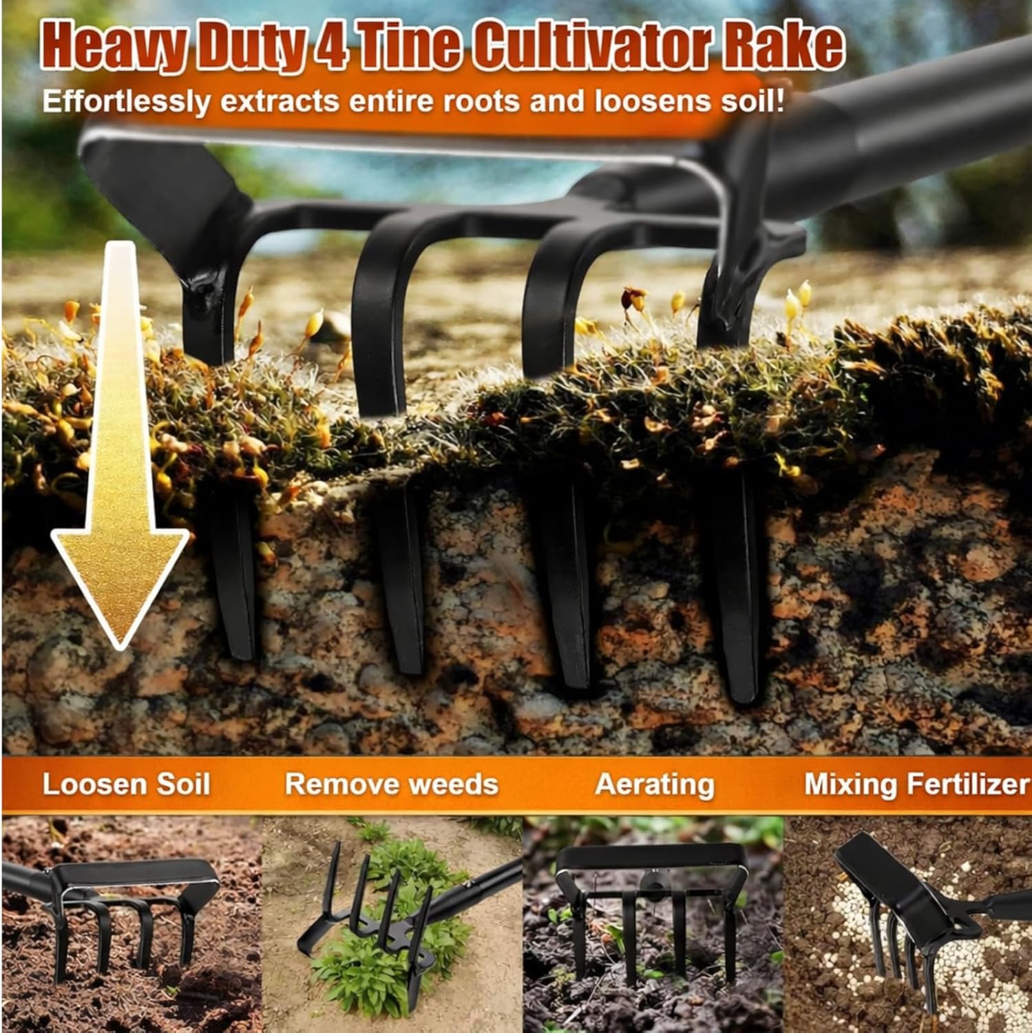 Garden Hoe with Cultivator Rake - Heavy Duty Stirrup Hoe Gardening Tool,Sharp Blade,60 Inch Adjustable Long Handle,Scuffle Action Hoes for Fast Weeding,Grass Weeder Removal,Loosen Soil