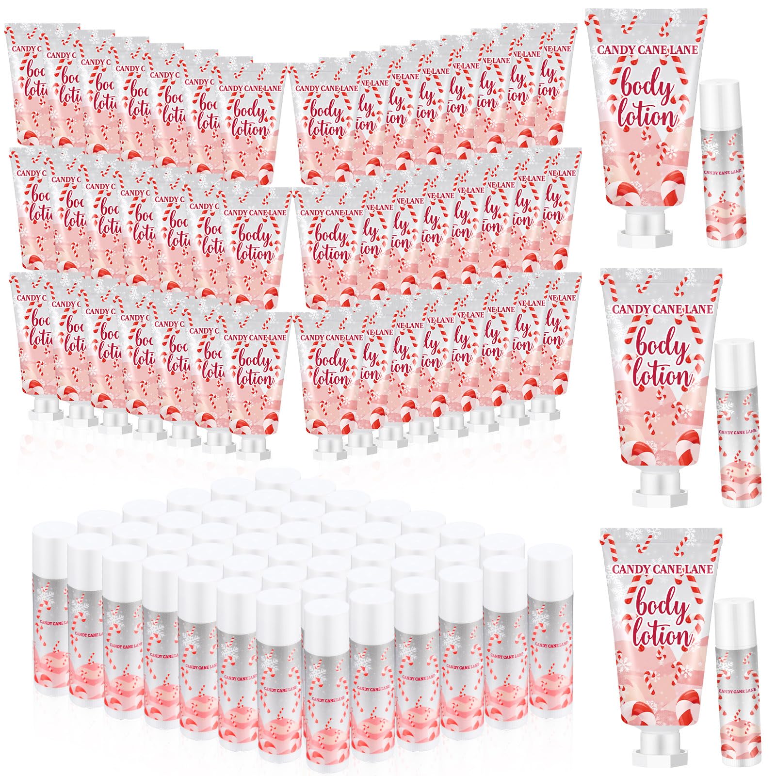 Sacubee 48 Set Christmas Candy Peppermint Cane Lip Balm and Body Lotion Bulk Christmas Hand Cream for Women Peppermint Lip Balm for Women Men Travel