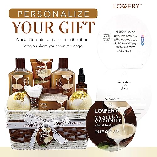 Miniatura 8 de Cesta de regalo de baño y cuerpo para mujeres y hombres juego de 9 piezas de Vanilla Coconut Home Spa incluye lociones fragantes bombas de baño