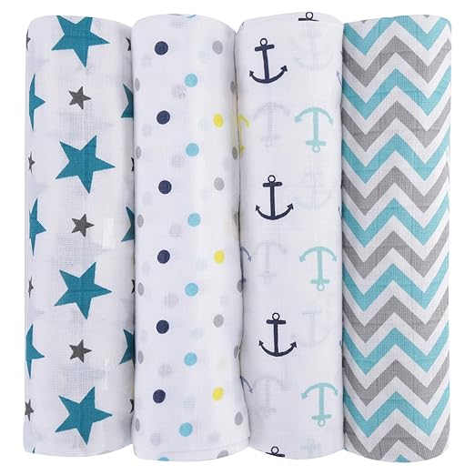 haus & kinder Chevron Stripes 100% Cotton Muslin Swaddle Wrap for Newborn Baby - Anchor, Dots, Star Turquoise (Pack of 4)