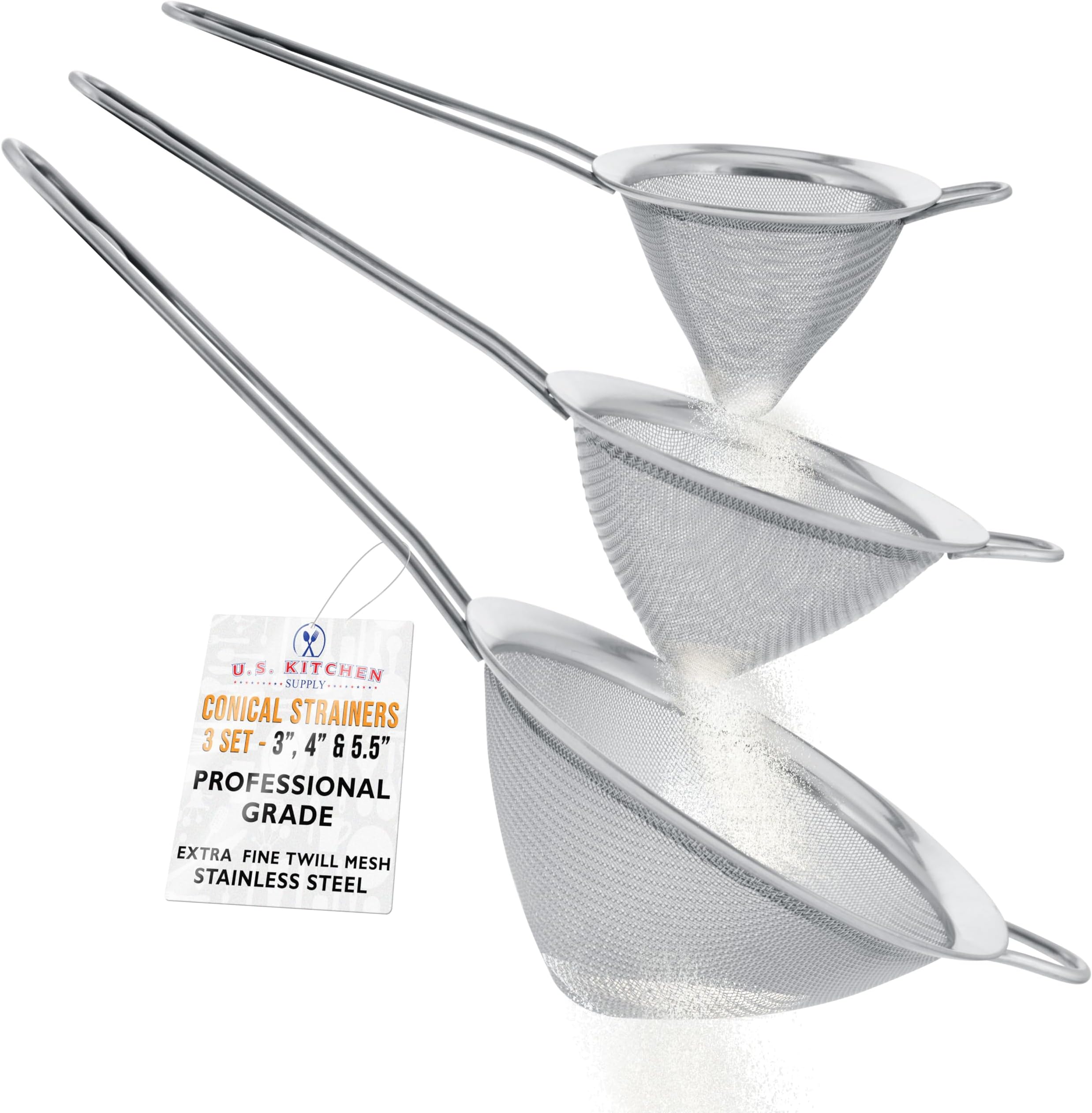 Set of 3 Stainless Steel Conical Strainers - 3", 4" & 5.5" Sizes - Chinois Style, Extra Fine Twill Mesh Sieve, Stainless Steel Strainers and Colanders for Kitchen