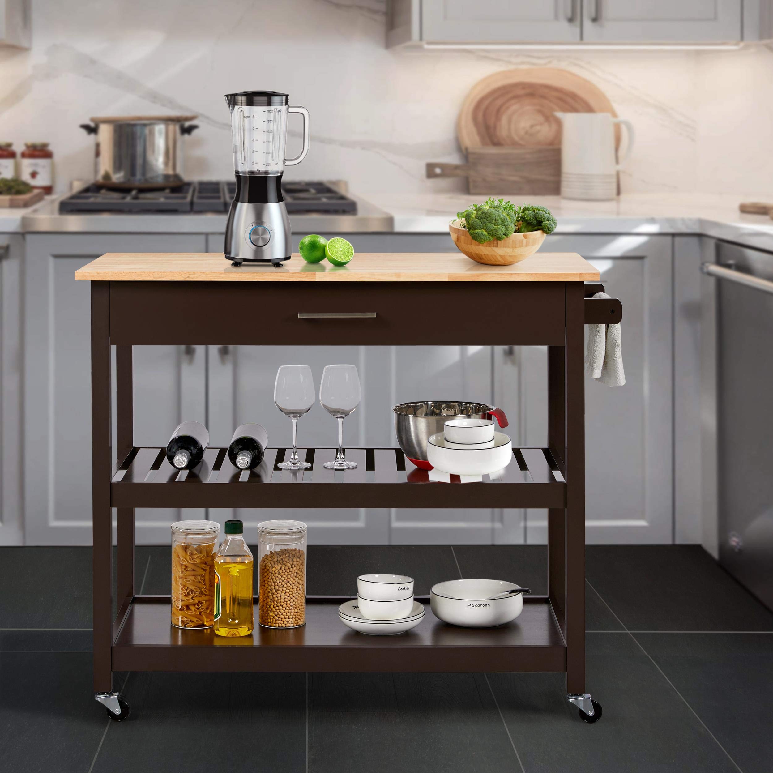 Yaheetech Kitchen Island on Wheels, 3 Tier Rolling Microwave Oven Cart