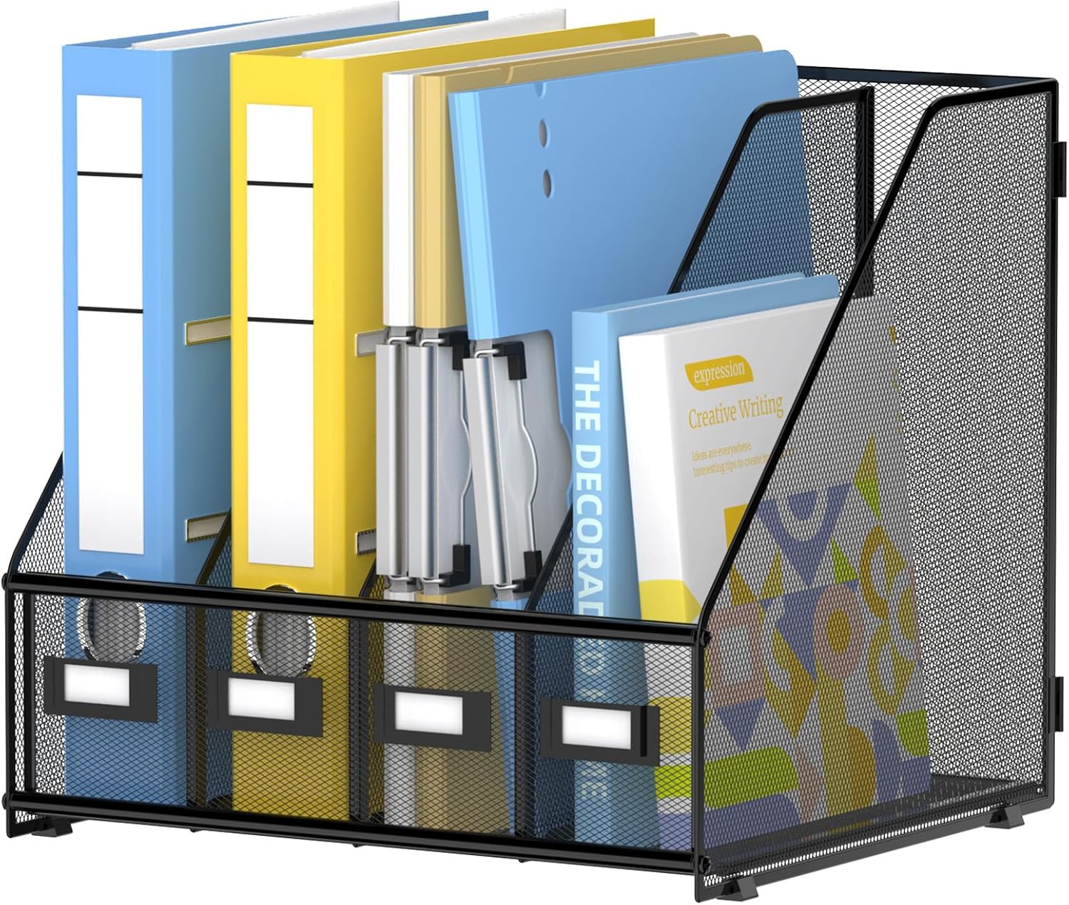 4 Vertical Compartments Magazine File Holder, Metal Binder Organizer, Black