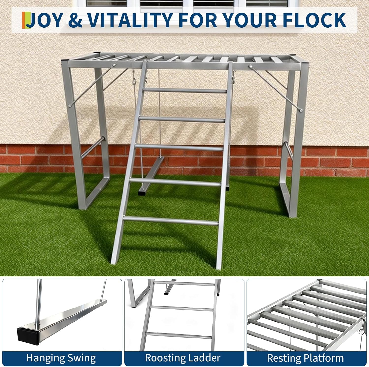 Metal Chicken Perch, Chicken Roosting Bars with Swing & Ladder for 8-10 Chickens, Backyard Farm Healthy Enrichment Playground, Applicable to Backyard, Farms