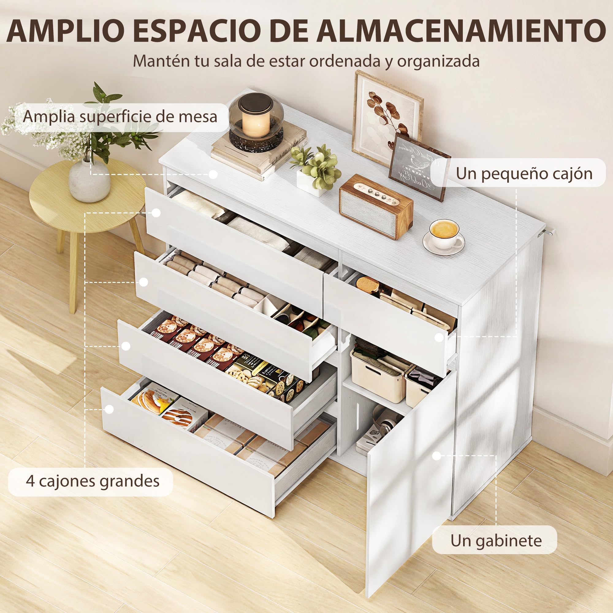 HOMCOM Aparador con 5 Cajones Aparador Recibidor 100x40x80cm Blanco Brillo | Estantes Ajustables, Puerta de Cierre Suave, para Cocina, Dormitorio