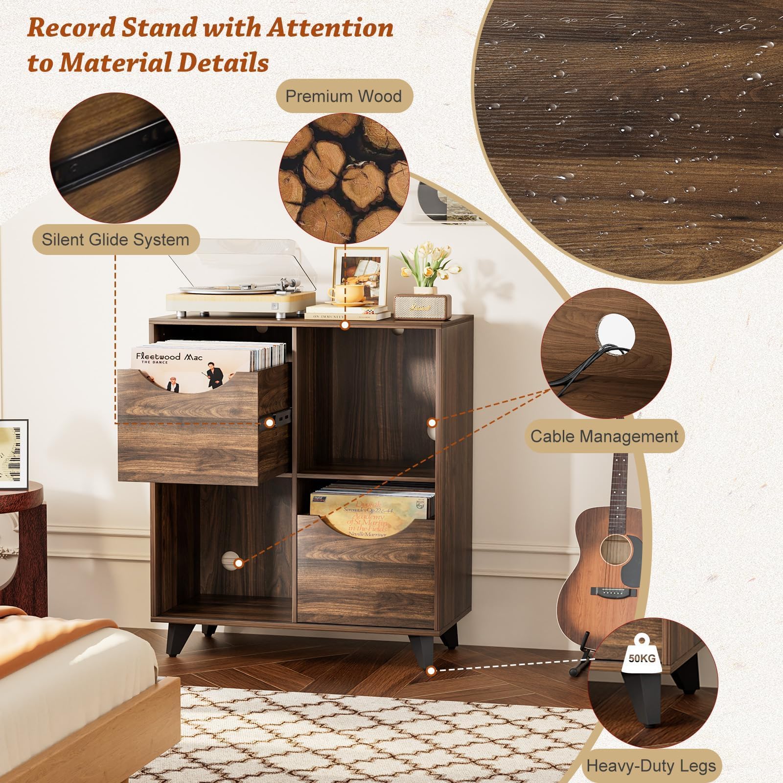 Bikoney Schallplatten Aufbewahrung mit Vinyl Display und 2 Schubladen – Holz Schallplattenständer Tisch und TV Schrank für Alle Plattenspieler und Lautsprecher, Plattenspieler Regal für Wohnzimmer