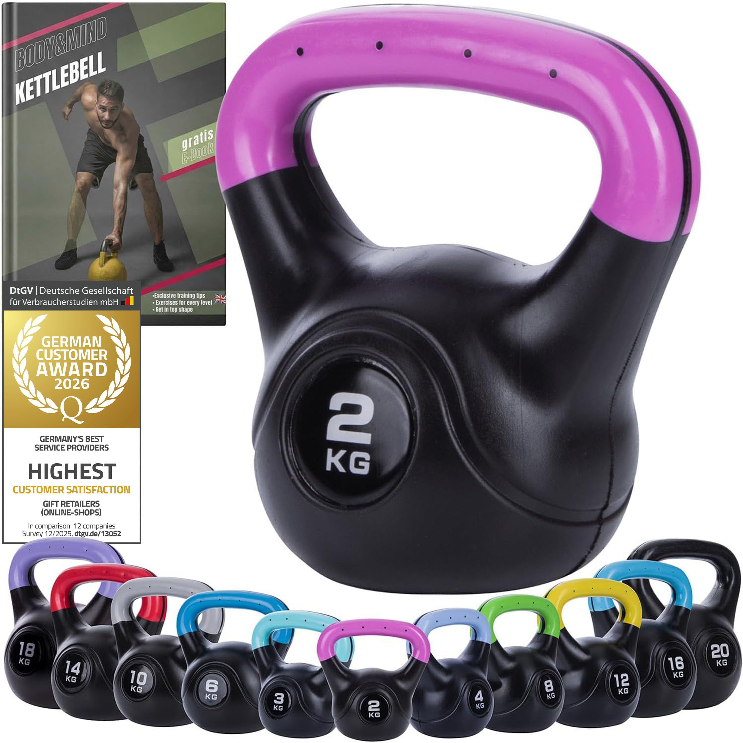 Body & Mind® Kettlebell Ball de plástico 2-20 kg - Pesa para entrenamiento de fuerza - Fitness profesional para balanceo (2Kg)