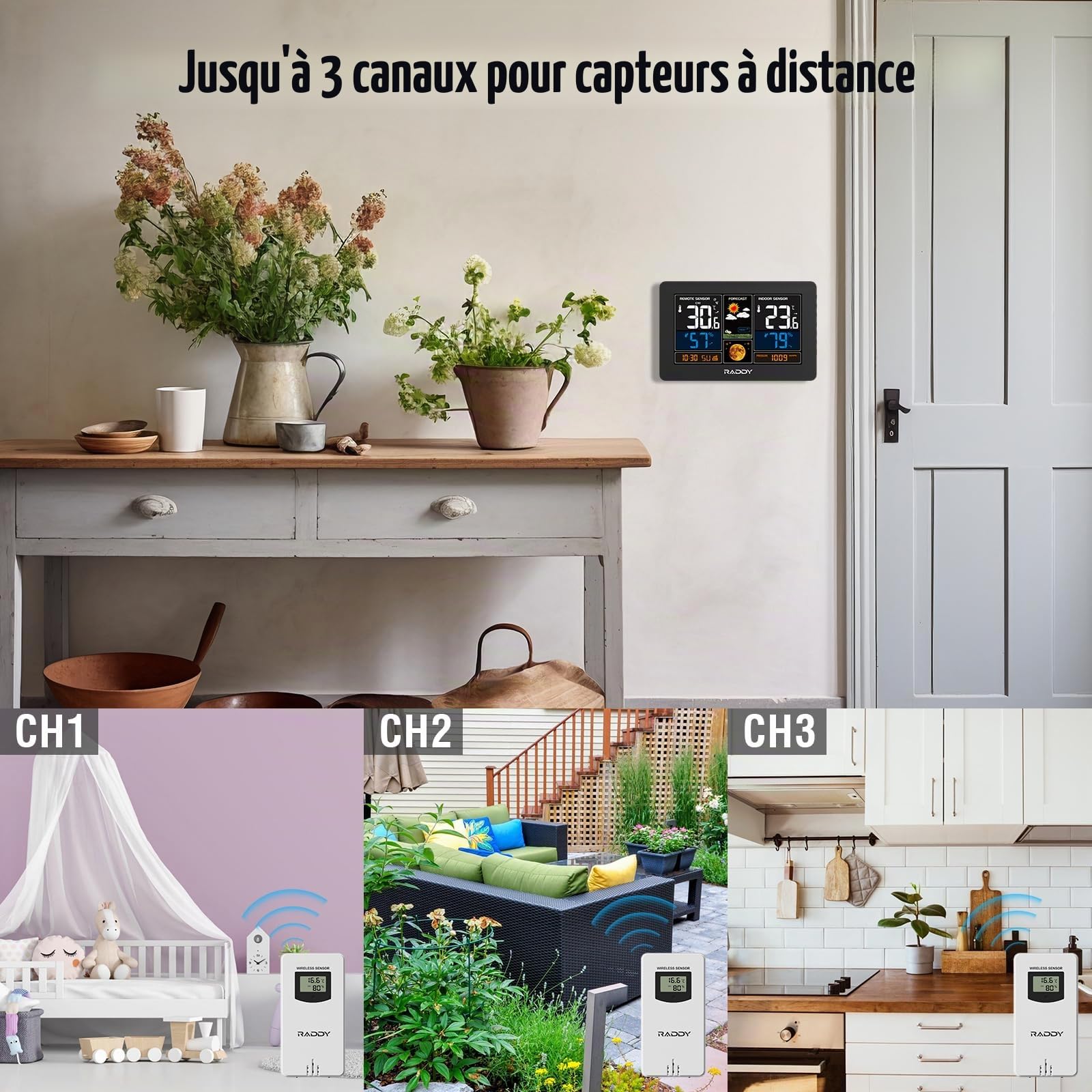 Raddy N75 Station météo Wi-Fi avec Capteur Extérieur, station météo sans fil 7,5", APP affiche les données météo, horloge réseau, prévisions météorologiques, avertissement de gel, luminosité réglable